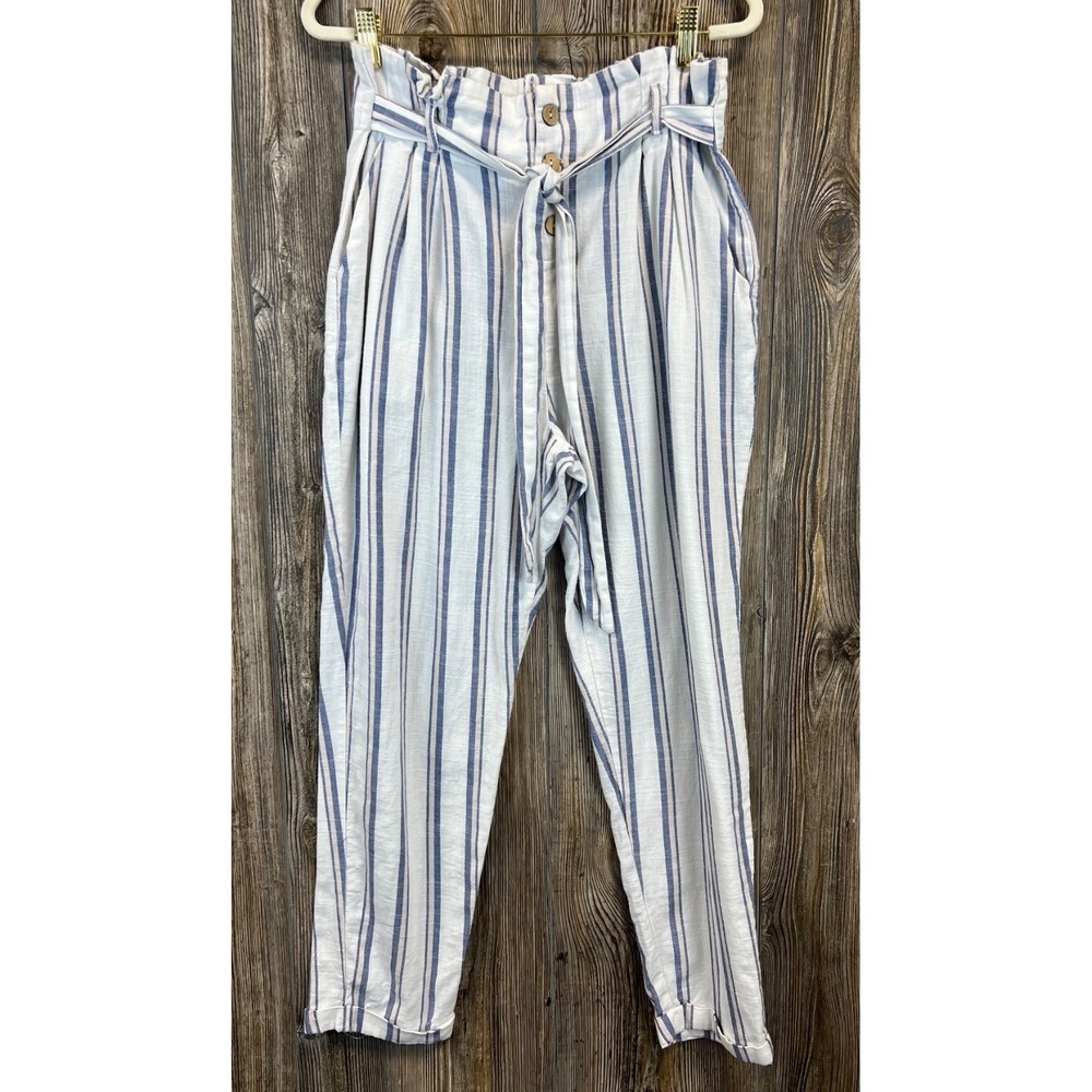 Hot Kiss Stripe Cotton Paperbag Pant Belted High Rise Baggy Straight Junior's 13
